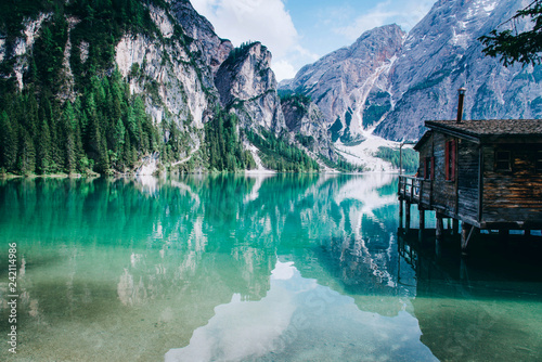 Beautiful View Of Lago Di Braies Or Pragser Wildsee Italy Stock