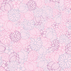 Vector floral seamless pattern background. This pink, blue and purple texture of overlapping flowers is perfect for fabric, gift wrapping paper, wallpaper.