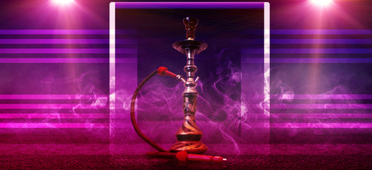 Hookah smoking on a concrete background, illuminated by the spotlight, neon light, smoke