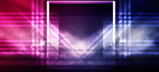 Empty dark background with light rays. Concrete floor with reflection lights. Smoke, neon light