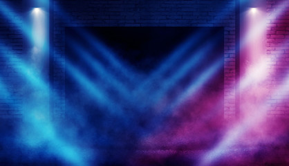 Background of an empty dark room with brick shades, illuminated by neon lights with laser beams, smoke
