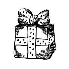 Hand drawn gift box with a big ribbon bow, Gift doodle. Gift box in a sketch style. Polka dot ribbon