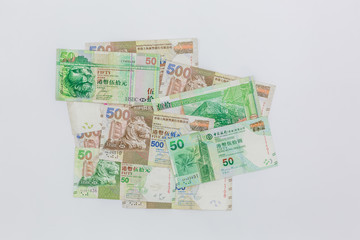 Hong Kong dollar bank notes money on white background, Five Hundred Hong kong Dollars.