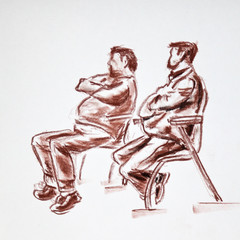 Obraz na płótnie Canvas Two men seating on chairs and waiting - drawn pastel pencil graphic artistic illustration on paper