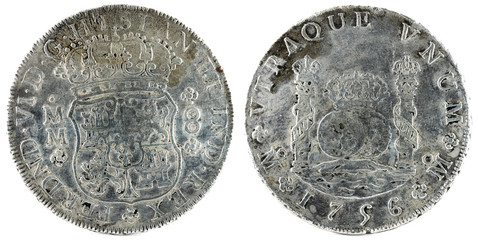 Ancient Spanish silver coin of the King Fernando VI. 1756. Coined in Mexico. 8 Reales.