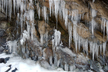 Ice crystals forming , water stream landscape view