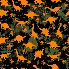 Cute kids dinosaurs pattern for girls and boys. Colorful dinosaurs on the abstract grunge background.. The dinosaurs pattern is made in neon colors. Urban pattern. backdrop for textile and fabric.