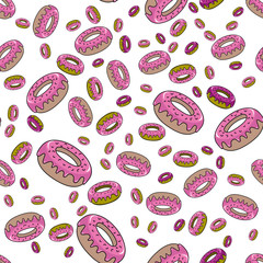 Cute kids donut pattern for girls and boys. Colorful donut on the abstract grunge background create a fun cartoon drawing. The pattern is made in colorful colors. Urban donut pattern