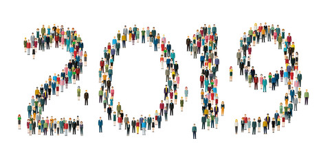 2019 formed out from people. Top view. Flat design