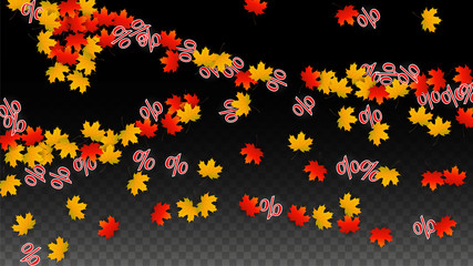 Obraz premium Vector Percentage Sign and Autumn Leaves Confetti on Transparent Background. Percent Sale Background. Business, Economics, Finance Print. Discount Illustration. Promotion poster. Black Friday Banner. 