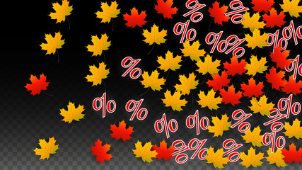 Vector Percentage Sign and Autumn Leaves Confetti on Transparent Background. Percent Sale Background. Business, Economics, Finance Print. Discount Illustration. Promotion poster. Black Friday Banner. 