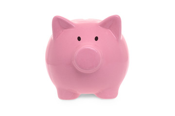 Ceramic pink piggy bank on white background
