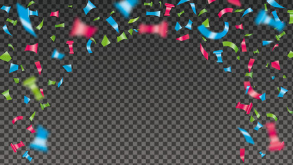 Confetti explosion background. Shiny color flying tinsel for decoration design. Blurred tiny paper pieces. Vector illustration on transparent backdrop