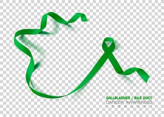 Gallbladder and Bile Duct Cancer Awareness Month. Realistic Kelly Green ribbon symbol. Medical Design. Vector Illustration.