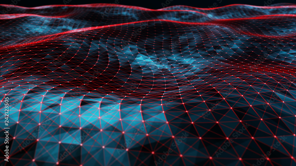 Poster digital data visualization. cybernetic particles. low poly mesh. flow. wave. abstract polygonal low 