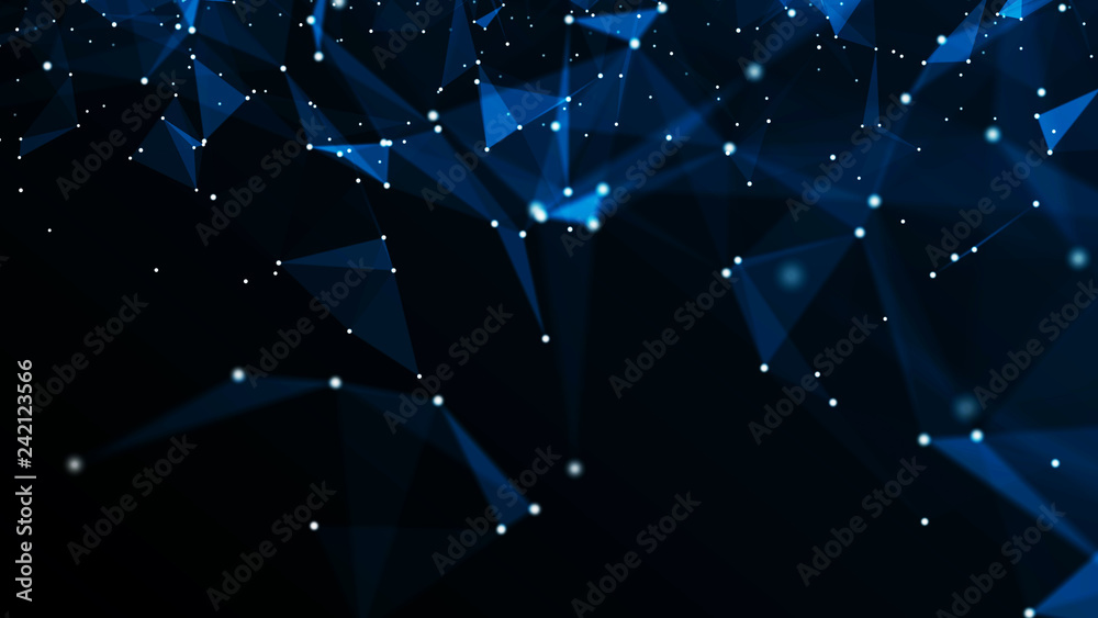 Poster digital data visualization. cybernetic particles. low poly mesh. flow. wave. abstract polygonal low 