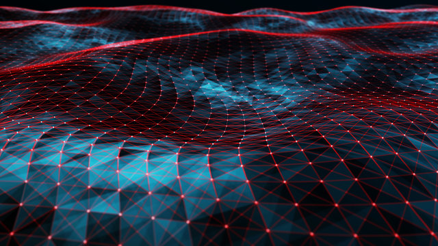 Digital data visualization. cybernetic particles. Low poly mesh. Flow. Wave. Abstract polygonal low poly wave background with connecting dots and lines. 3D rendering.