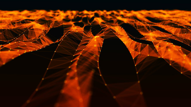 Digital data visualization. cybernetic particles. Low poly mesh. Flow. Wave. Abstract polygonal low poly wave background with connecting dots and lines. 3D rendering.