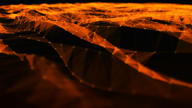 Digital data visualization. cybernetic particles. Low poly mesh. Flow. Wave. Abstract polygonal low poly wave background with connecting dots and lines. 3D rendering.