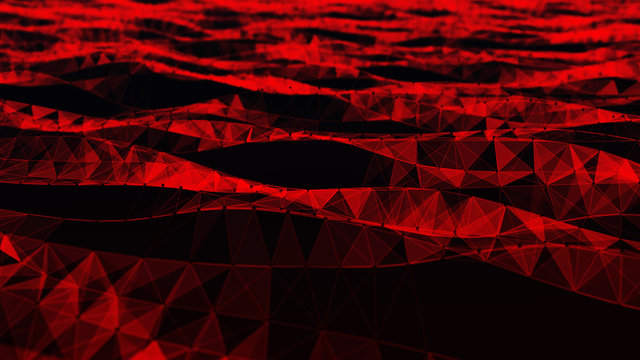 Digital data visualization. cybernetic particles. Low poly mesh. Flow. Wave. Abstract polygonal low poly wave background with connecting dots and lines. 3D rendering.