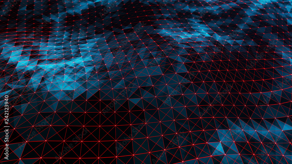 Poster digital data visualization. cybernetic particles. low poly mesh. flow. wave. abstract polygonal low 