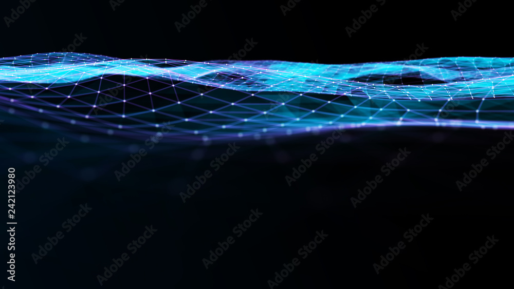Poster digital data visualization. cybernetic particles. low poly mesh. flow. wave. abstract polygonal low 