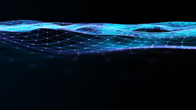 Digital data visualization. cybernetic particles. Low poly mesh. Flow. Wave. Abstract polygonal low poly wave background with connecting dots and lines. 3D rendering.