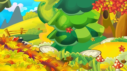 cartoon autumn nature background with forest and mountains - illustration for children
