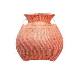 Big brown bamboo woven fish basket isolated on white background with clipping path, fishing too handmade