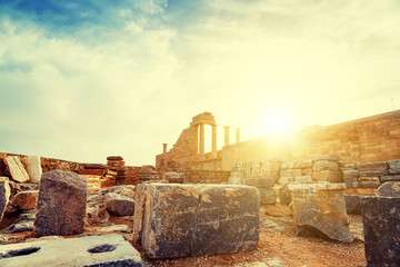 Greece. Rhodes. Acropolis of Lindos. Doric columns  the ancient Temple  Athena Lindia the IV...