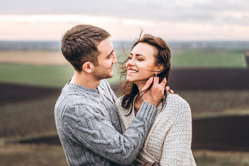 Romantic pretty couple outdoor enjoy spending time together.