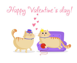 Happy valentines greeting card with cute cartoon cats couple in love.