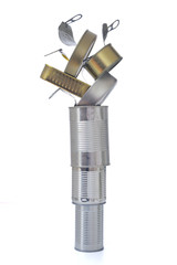 open cans stacked on white background