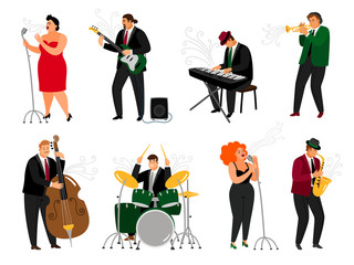 Jazz people. Singing girl with microphone and friendly piano player, brass saxophonist, guitarist musician and drummer performer, vector illustration © ssstocker
