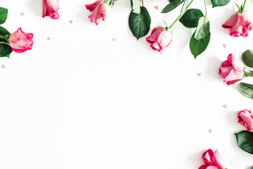 Flowers composition. Pink rose flowers on white background. Valentine's day, Mother's day concept. Flat lay, top view, copy space