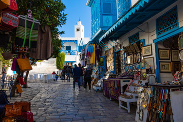 Cityscape with typical white blue colored houses in resort town Sidi Bou Said. Tunisia.