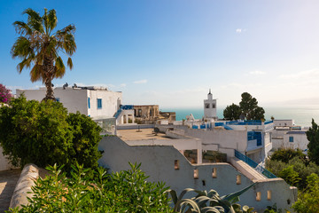 Panoramic view from resort town Sidi Bou Said. Tunisia, North Africa.