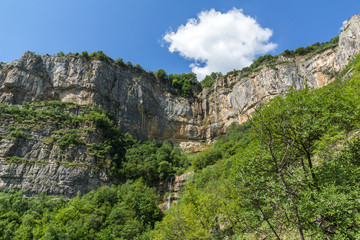 Fototapeta na wymiar Landscape with Waterfall Skaklya near villages of Zasele and Bov at Vazov trail, Balkan Mountains, Bulgaria