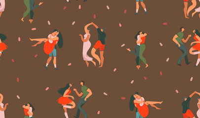 Hand drawn vector abstract cartoon modern graphic Happy Valentines day concept illustrations art seamless pattern with dancing couples people together isolated on brown color background