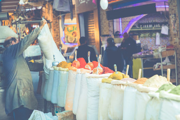 Spices on the traditional street market. Medina in Sousse. Medieval Town. Tunisia