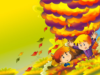 Obraz na płótnie Canvas cartoon autumn nature background with girl and boy playing hide and seek and having fun with the falling leafs - illustration for children