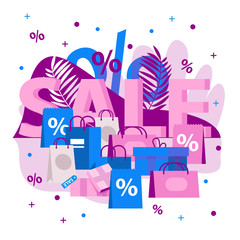 Naklejka premium vector image lettering discount, paper bags, gift wrapping, gift boxes, discount