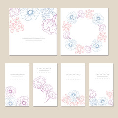 Set of card with flower rose, leaves.