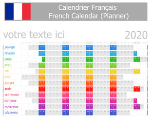 Fototapeta na wymiar 2020 French Planner Calendar with Horizontal Months on white background