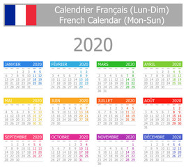 2020 French Type-1 Calendar Mon-Sun on white background