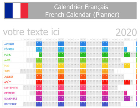 2020 French Planner Calendar with Horizontal Months on white background