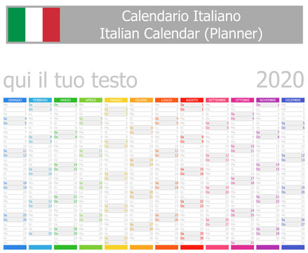 2020 Italian Planner Calendar with Vertical Months on white background