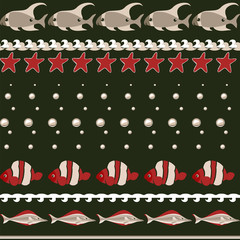 Seamless background with marine life - starfish, fish and bubbles