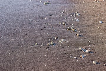 sea sand and stone beach waterfront shoreline near waves, perspective foreshortening background wallpaper pattern