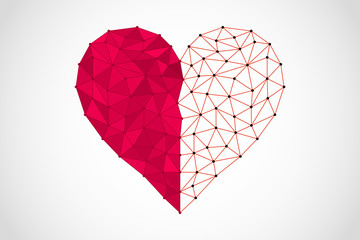 Abstract half full half empty heart icon from lines and triangles, point connecting network on white background, vector, illustration, eps file